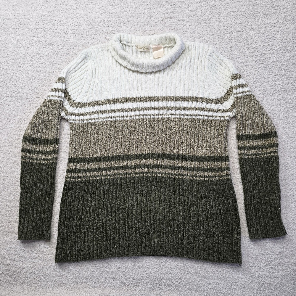 Bobbie Brooks Ribbed Knit Striped Pullover Sweater Turtleneck White Green Gray